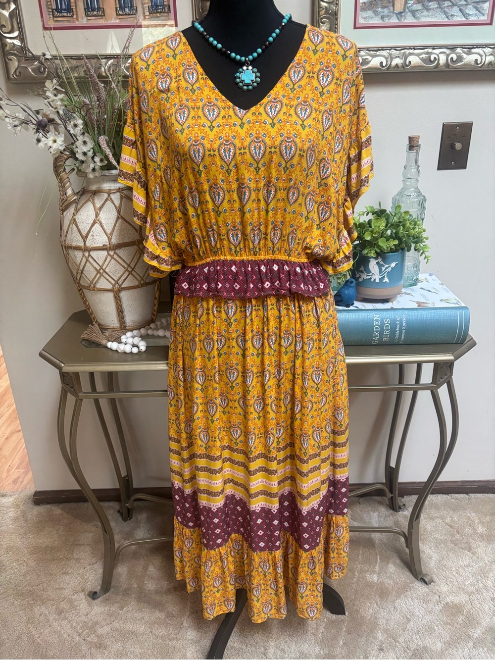 Love Kuza Gold Boho Paisley Print Maxi Dress-Tiered Ruffles - V-Neck -Sz Medium